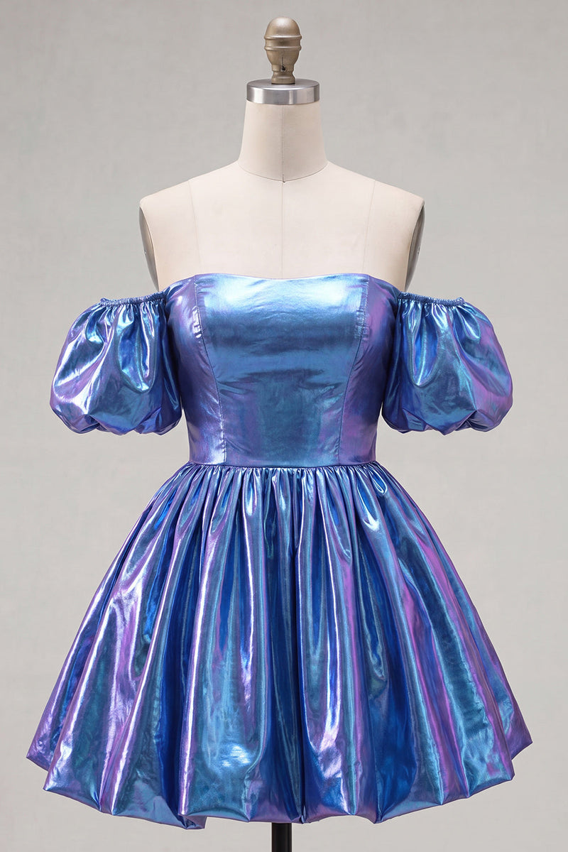 Load image into Gallery viewer, Fuchsia Metallic A-Line Short 80s Cocktail Dress with Sleeves