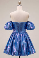 Load image into Gallery viewer, Fuchsia Metallic A-Line Short 80s Cocktail Dress with Sleeves