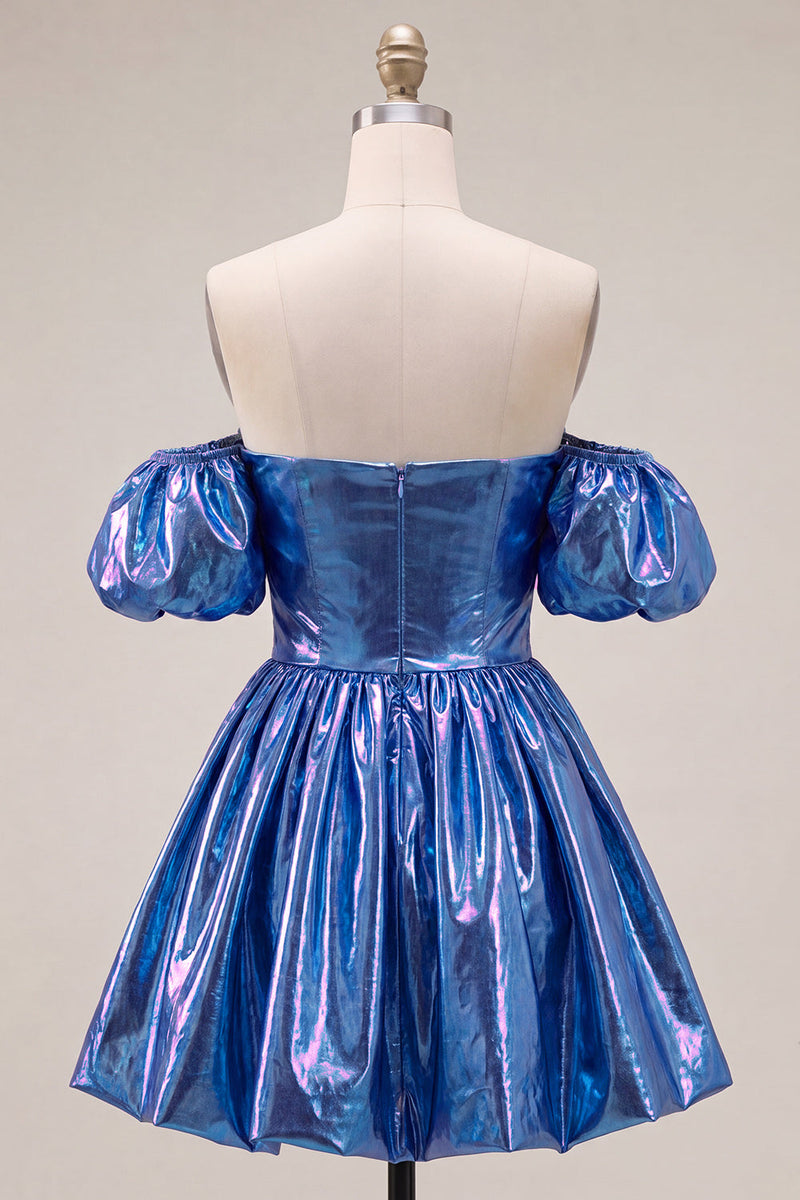 Load image into Gallery viewer, Fuchsia Metallic A-Line Short 80s Cocktail Dress with Sleeves