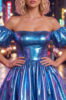 Load image into Gallery viewer, Fuchsia Metallic A-Line Short 80s Cocktail Dress with Sleeves