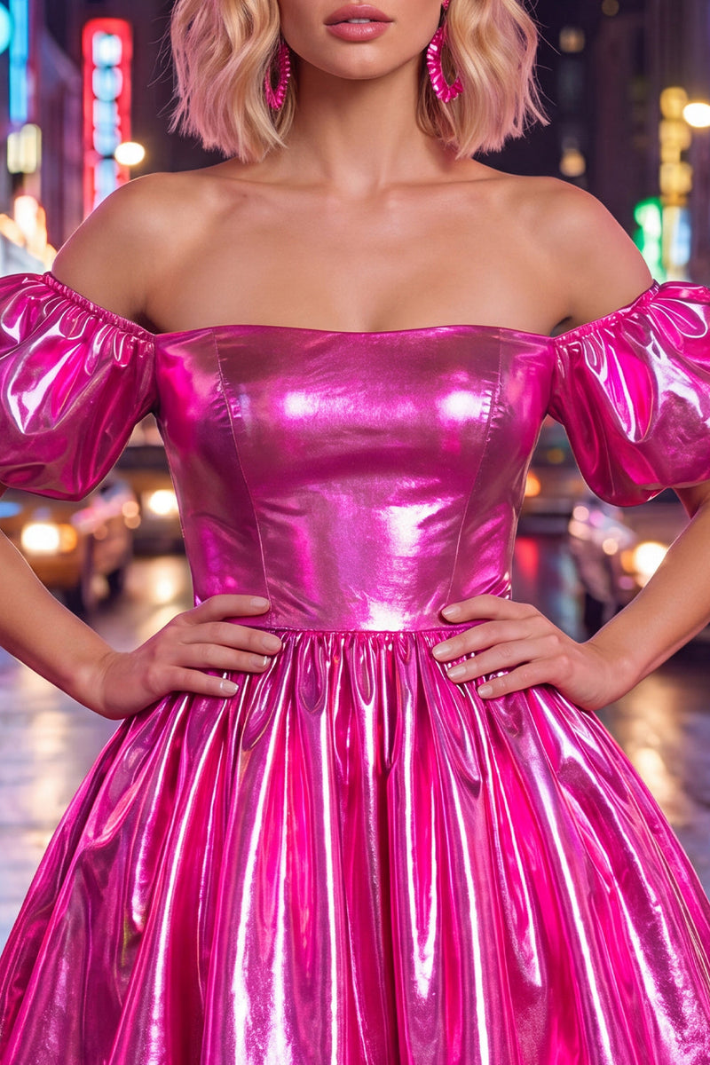 Load image into Gallery viewer, Fuchsia Metallic A-Line Short 80s Cocktail Dress with Sleeves