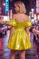 Load image into Gallery viewer, Fuchsia Metallic A-Line Short 80s Cocktail Dress with Sleeves