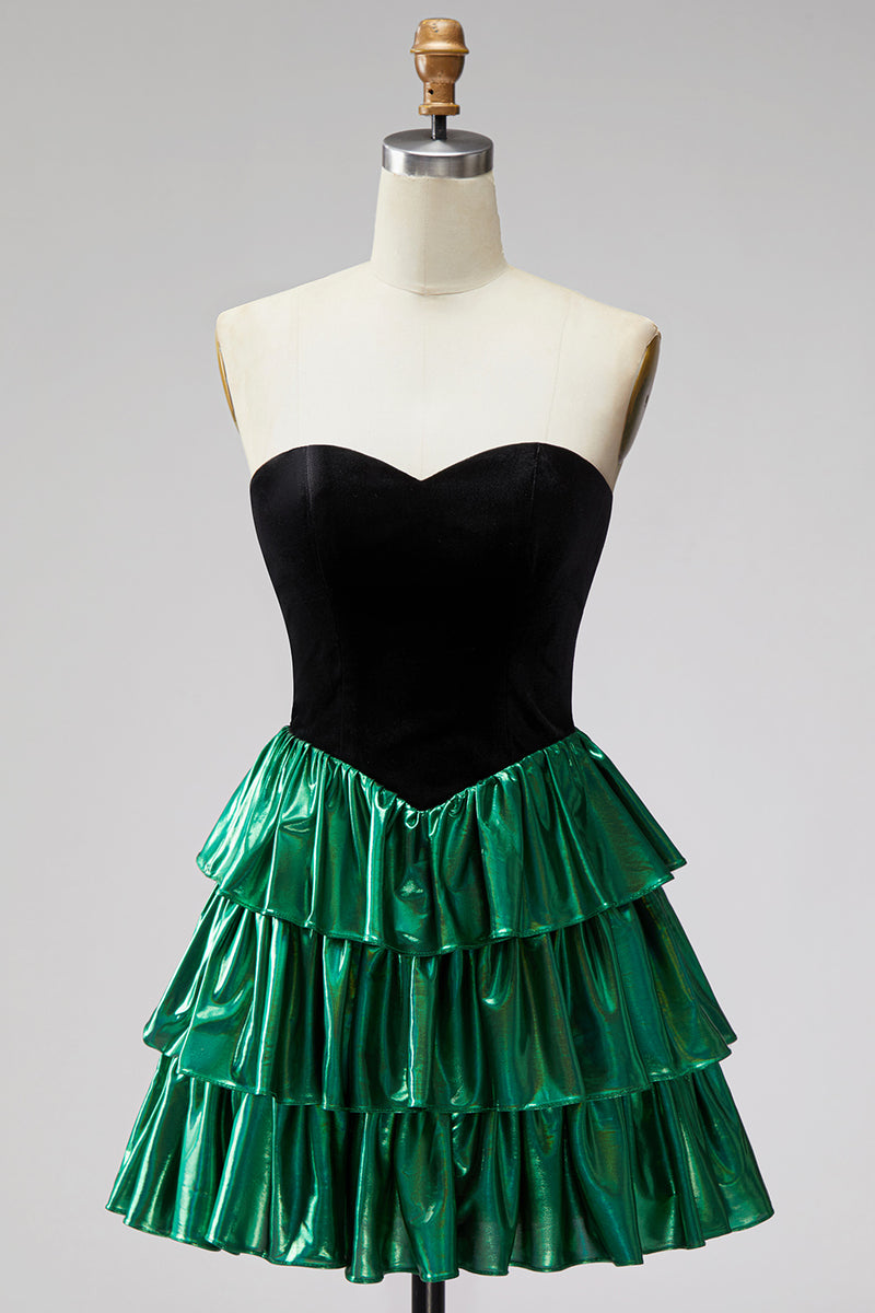 Load image into Gallery viewer, Black Green Metallic Tiered Ruffled A-Line Short 80s Cocktail Dress