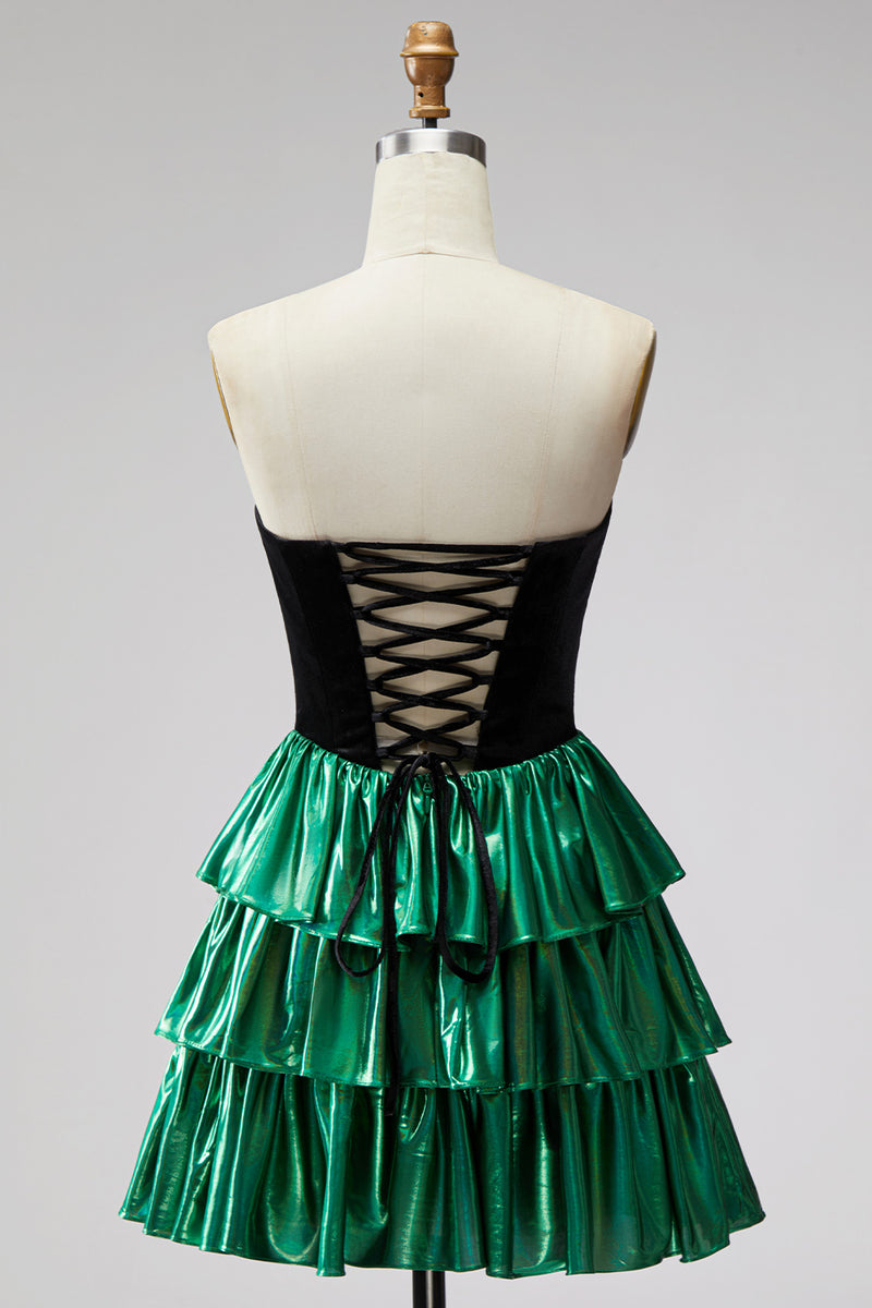 Load image into Gallery viewer, Black Green Metallic Tiered Ruffled A-Line Short 80s Cocktail Dress