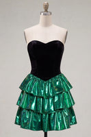 Load image into Gallery viewer, Black Green Metallic Tiered Ruffled A-Line Short 80s Cocktail Dress