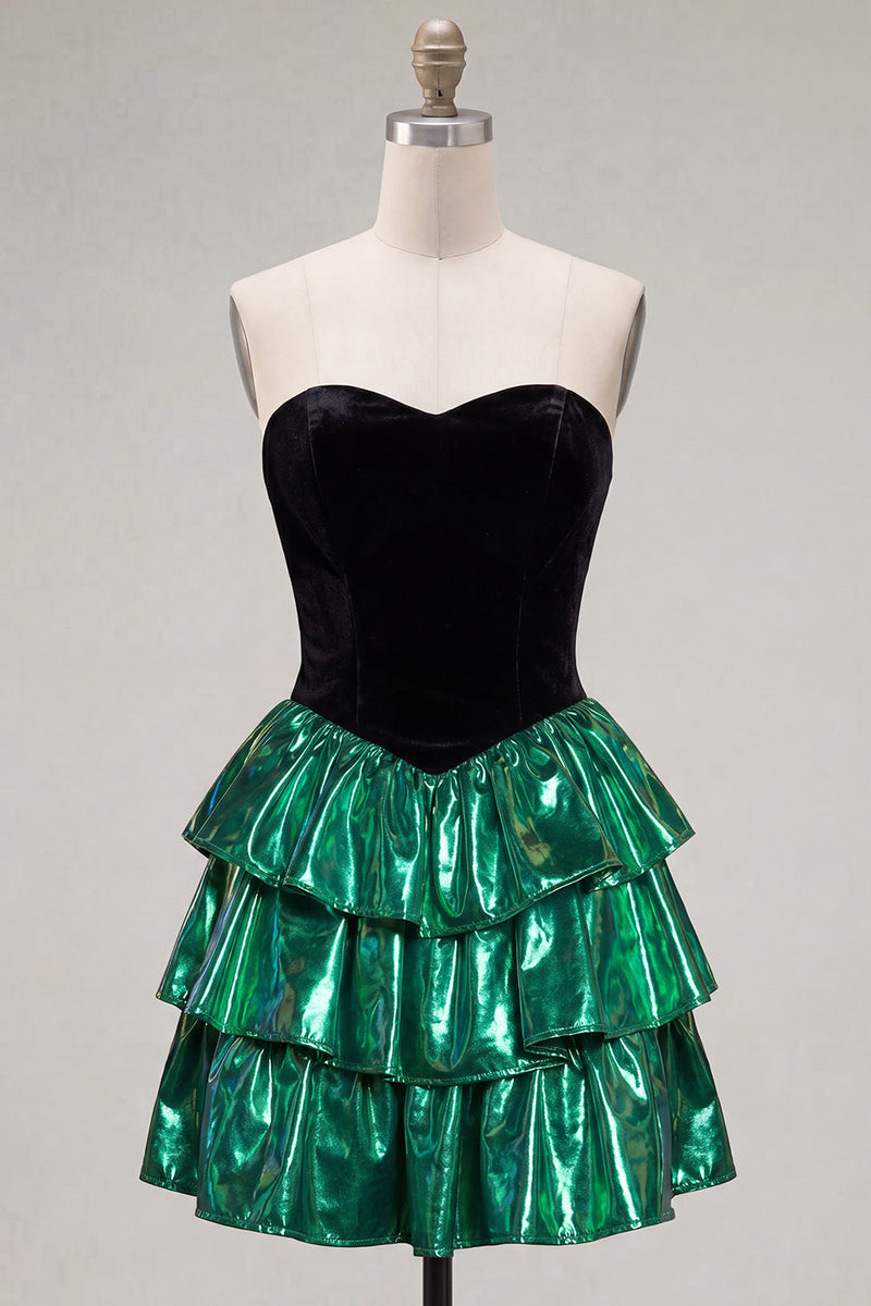 Load image into Gallery viewer, Black Green Metallic Tiered Ruffled A-Line Short 80s Cocktail Dress