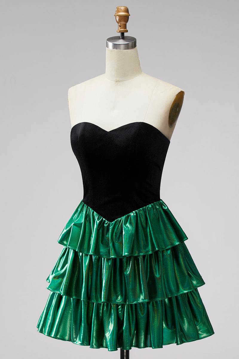 Load image into Gallery viewer, Black Green Metallic Tiered Ruffled A-Line Short 80s Cocktail Dress
