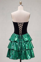 Load image into Gallery viewer, Black Green Metallic Tiered Ruffled A-Line Short 80s Cocktail Dress