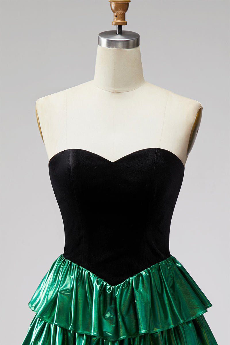 Load image into Gallery viewer, Black Green Metallic Tiered Ruffled A-Line Short 80s Cocktail Dress