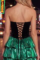 Load image into Gallery viewer, Black Green Metallic Tiered Ruffled A-Line Short 80s Cocktail Dress