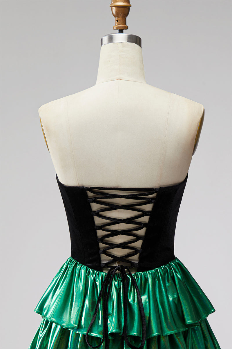 Load image into Gallery viewer, Black Green Metallic Tiered Ruffled A-Line Short 80s Cocktail Dress