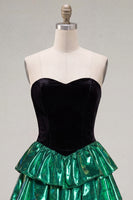 Load image into Gallery viewer, Black Green Metallic Tiered Ruffled A-Line Short 80s Cocktail Dress