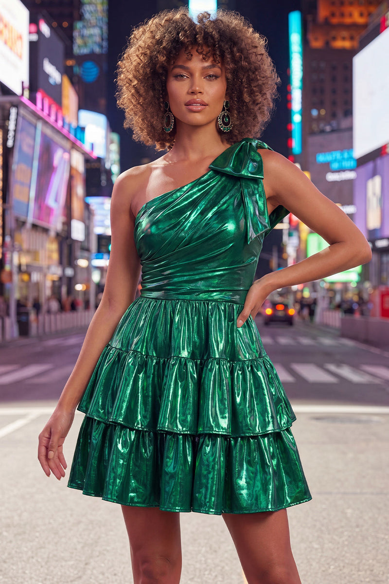 Load image into Gallery viewer, Dark Green Metallic A-Line Ruffled Short 80s Cocktail Dress with Bow