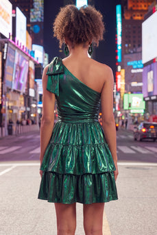 Dark Green Metallic A-Line Ruffled Short 80s Cocktail Dress with Bow