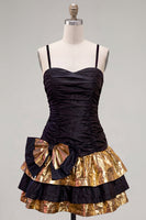 Load image into Gallery viewer, Black Golden Ruffled A-Line Short 80s Cocktail Dress with Bow