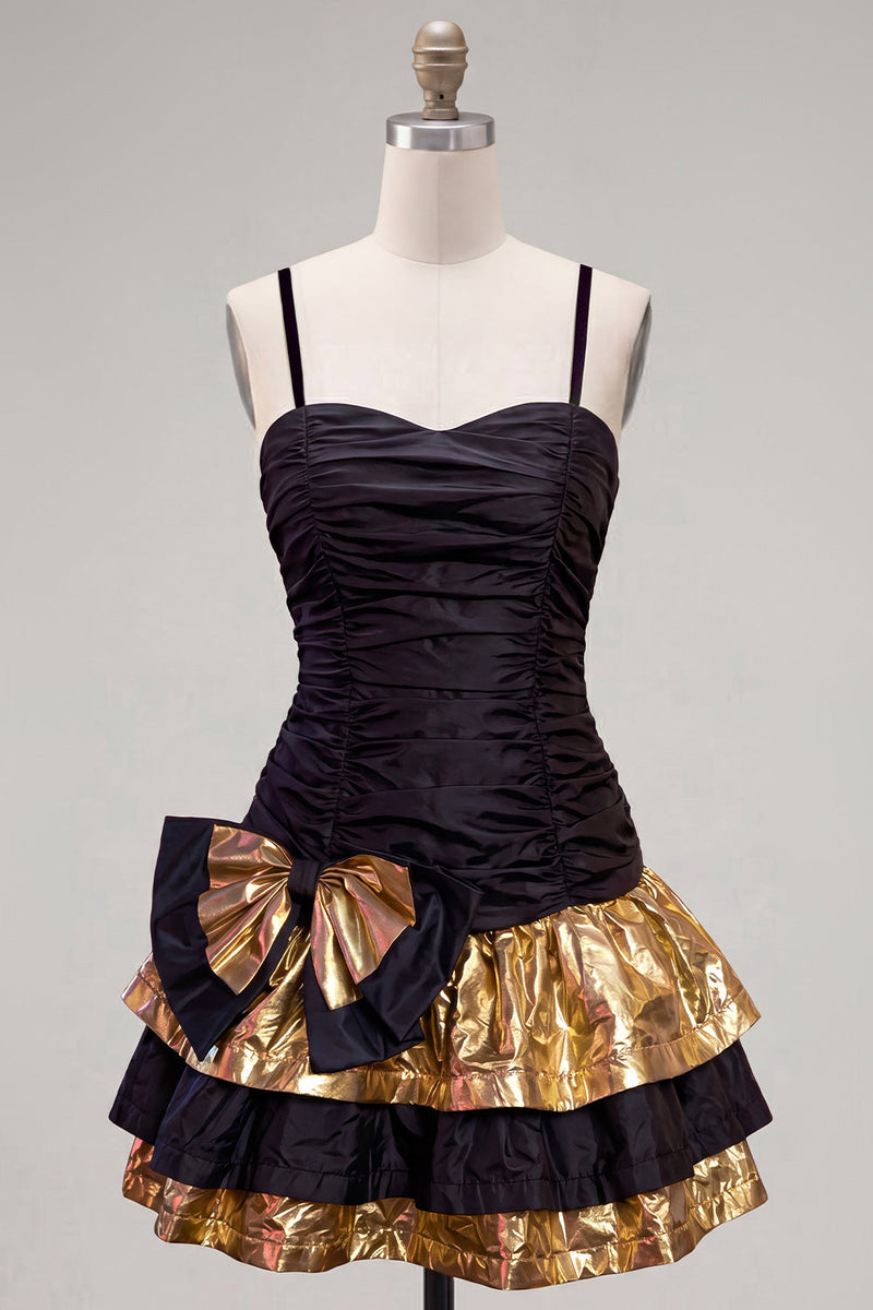 Load image into Gallery viewer, Black Golden Ruffled A-Line Short 80s Cocktail Dress with Bow