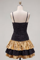 Load image into Gallery viewer, Black Golden Ruffled A-Line Short 80s Cocktail Dress with Bow