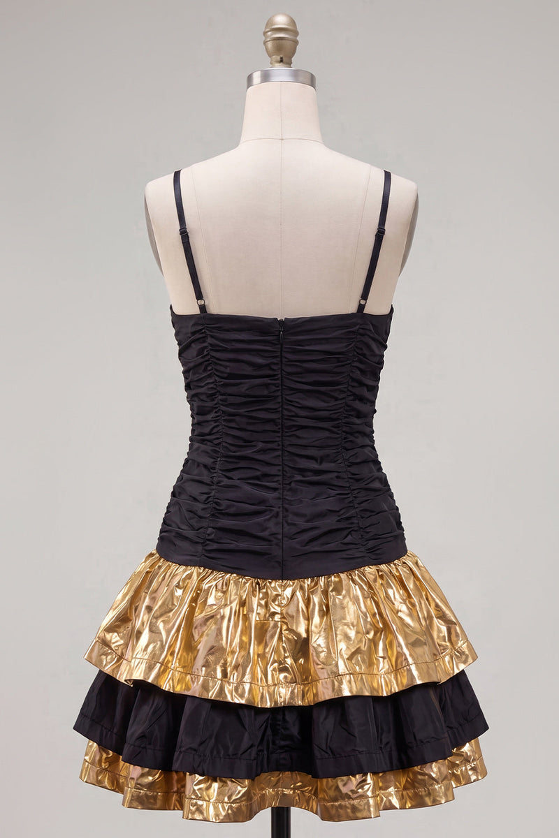 Load image into Gallery viewer, Black Golden Ruffled A-Line Short 80s Cocktail Dress with Bow