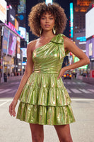 Load image into Gallery viewer, Dark Green Metallic A-Line Ruffled Short 80s Cocktail Dress with Bow