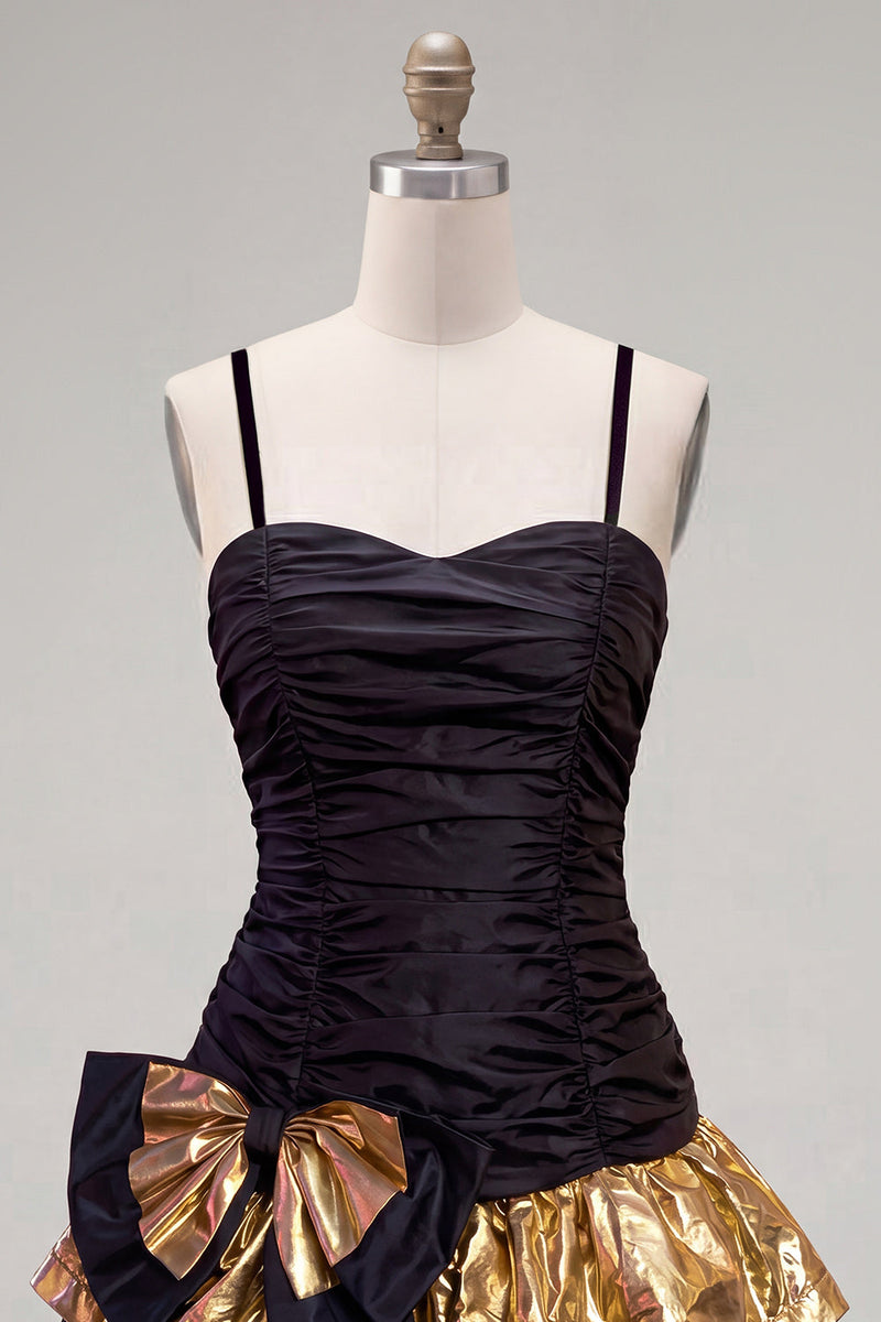 Load image into Gallery viewer, Black Golden Ruffled A-Line Short 80s Cocktail Dress with Bow