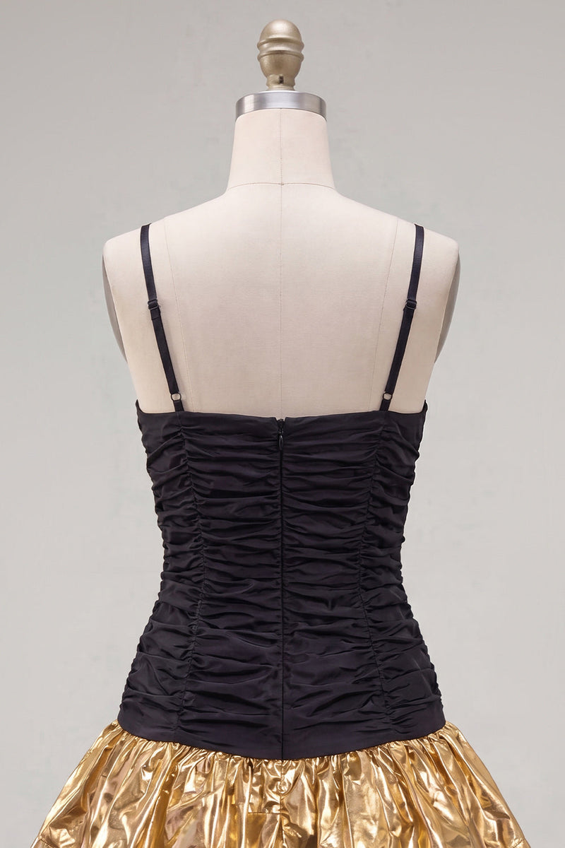 Load image into Gallery viewer, Black Golden Ruffled A-Line Short 80s Cocktail Dress with Bow