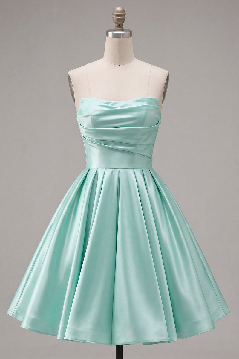 Load image into Gallery viewer, Yellow Satin Ruched Strapless A-Line Short 80s Cocktail Dress