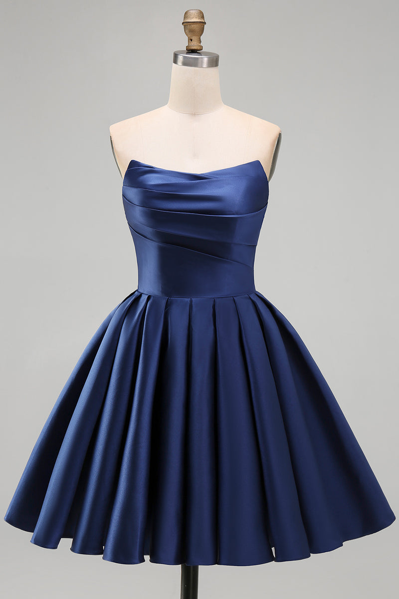 Load image into Gallery viewer, Yellow Satin Ruched Strapless A-Line Short 80s Cocktail Dress