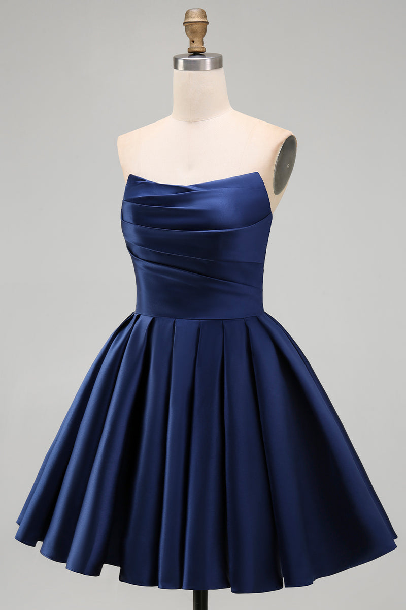 Load image into Gallery viewer, Yellow Satin Ruched Strapless A-Line Short 80s Cocktail Dress