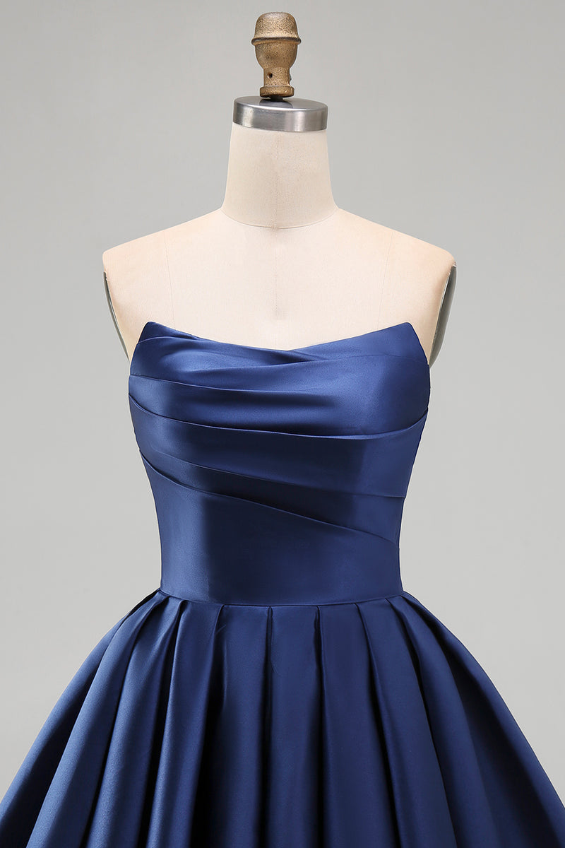Load image into Gallery viewer, Yellow Satin Ruched Strapless A-Line Short 80s Cocktail Dress