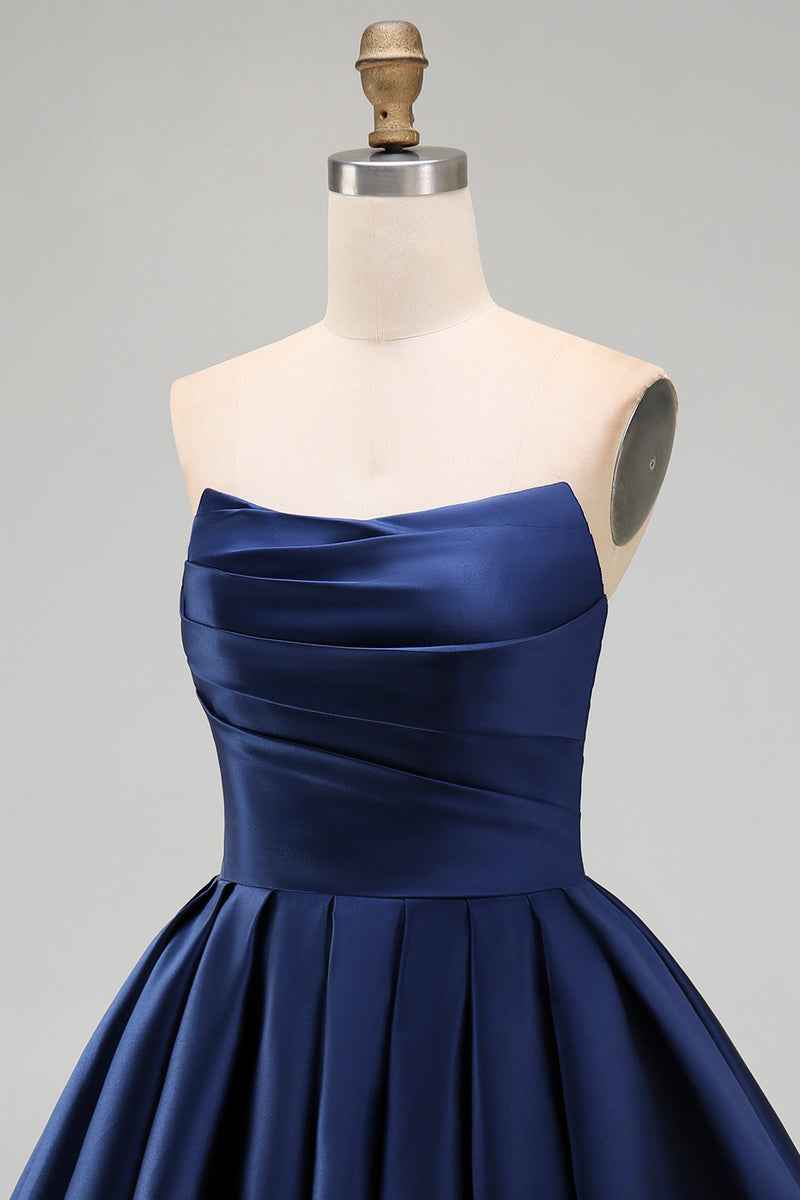 Load image into Gallery viewer, Yellow Satin Ruched Strapless A-Line Short 80s Cocktail Dress