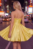 Load image into Gallery viewer, Yellow Satin Ruched Strapless A-Line Short 80s Cocktail Dress