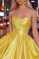 Load image into Gallery viewer, Yellow Satin Ruched Strapless A-Line Short 80s Cocktail Dress
