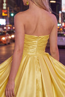 Load image into Gallery viewer, Yellow Satin Ruched Strapless A-Line Short 80s Cocktail Dress