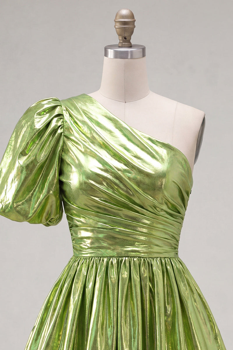 Load image into Gallery viewer, Hot Pink One Shoulder Ruched Short 80s Cocktail Dress with Sleeve