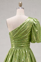 Load image into Gallery viewer, Hot Pink One Shoulder Ruched Short 80s Cocktail Dress with Sleeve