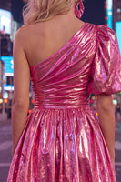 Load image into Gallery viewer, Hot Pink One Shoulder Ruched Short 80s Cocktail Dress with Sleeve