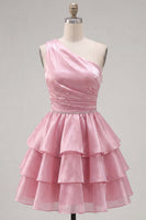 Load image into Gallery viewer, Dark Green One Shoulder Tiered Ruffled Short 80s Cocktail Dress