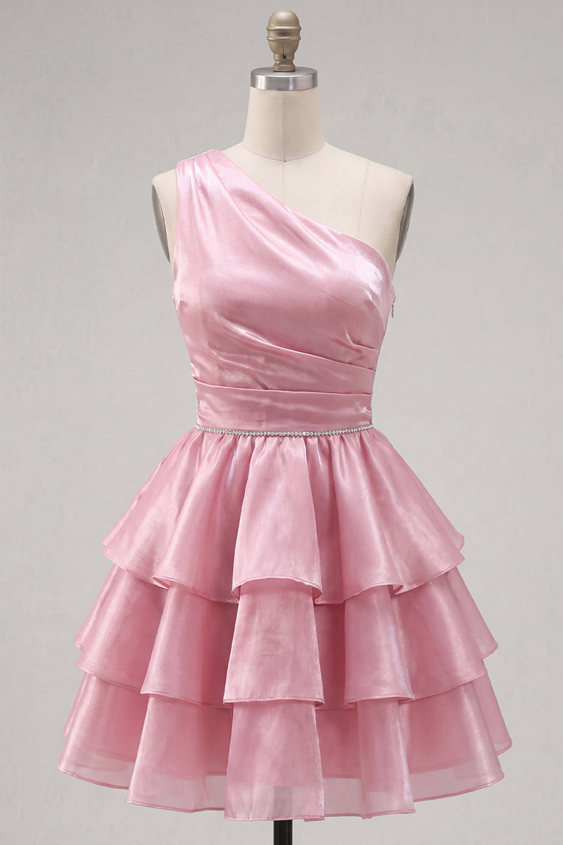 Load image into Gallery viewer, Dark Green One Shoulder Tiered Ruffled Short 80s Cocktail Dress