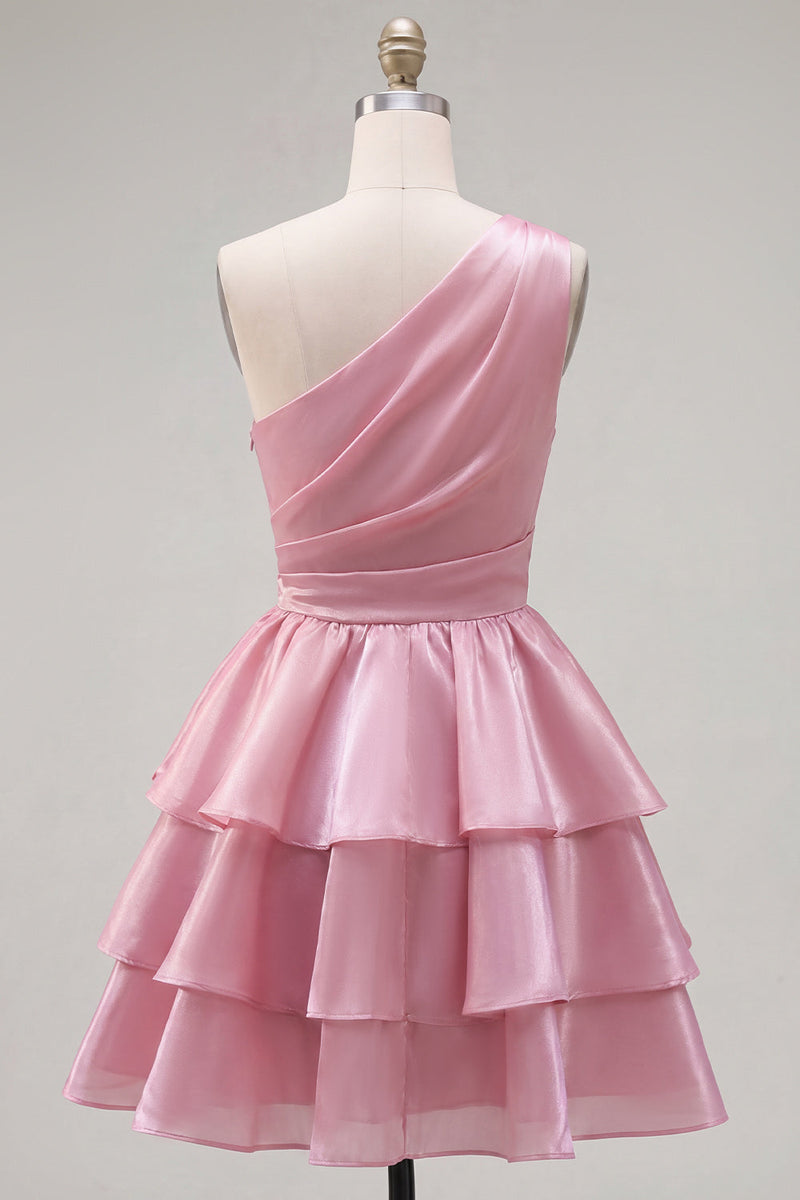 Load image into Gallery viewer, Dark Green One Shoulder Tiered Ruffled Short 80s Cocktail Dress