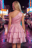 Load image into Gallery viewer, Dark Green One Shoulder Tiered Ruffled Short 80s Cocktail Dress