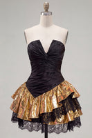 Load image into Gallery viewer, Black Golden Ruffled A Line Short 80s Cocktail Dress with Lace