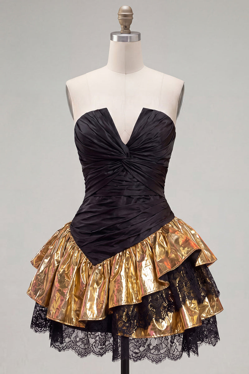 Load image into Gallery viewer, Black Golden Ruffled A Line Short 80s Cocktail Dress with Lace
