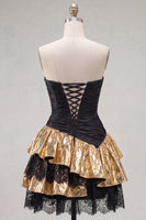 Load image into Gallery viewer, Black Golden Ruffled A Line Short 80s Cocktail Dress with Lace
