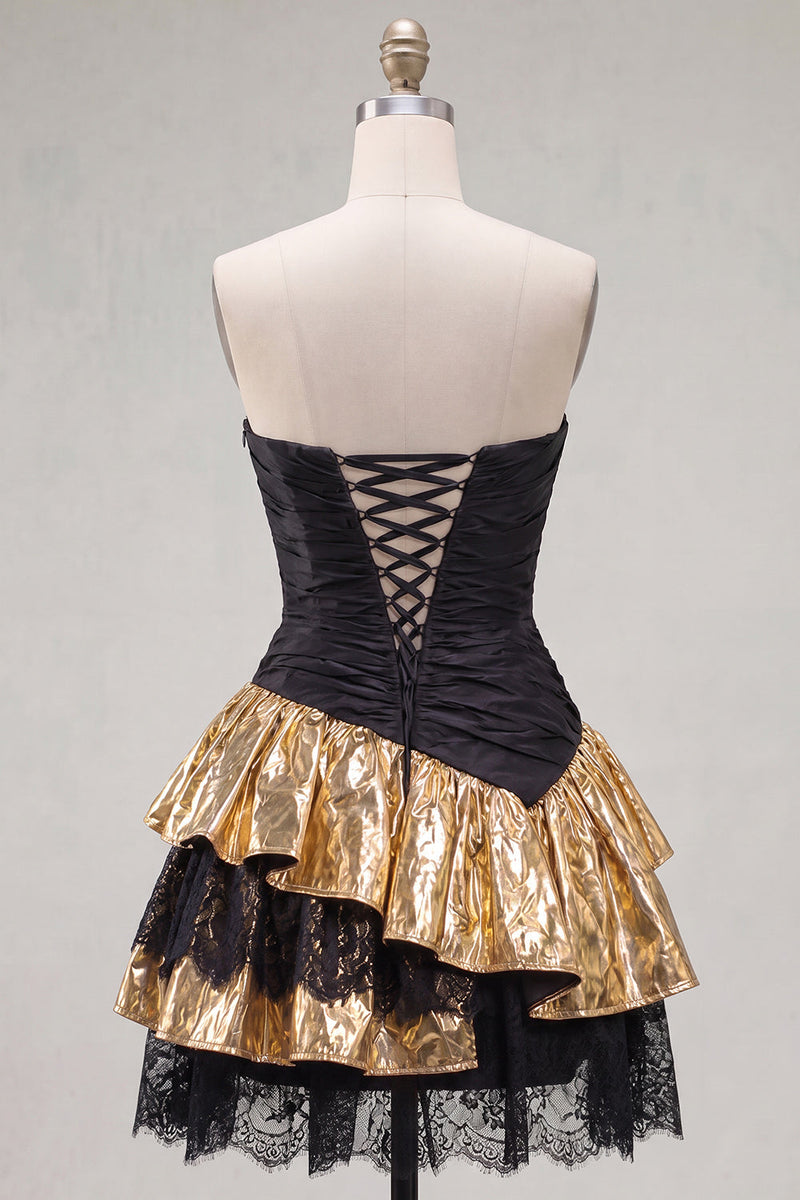 Load image into Gallery viewer, Black Golden Ruffled A Line Short 80s Cocktail Dress with Lace