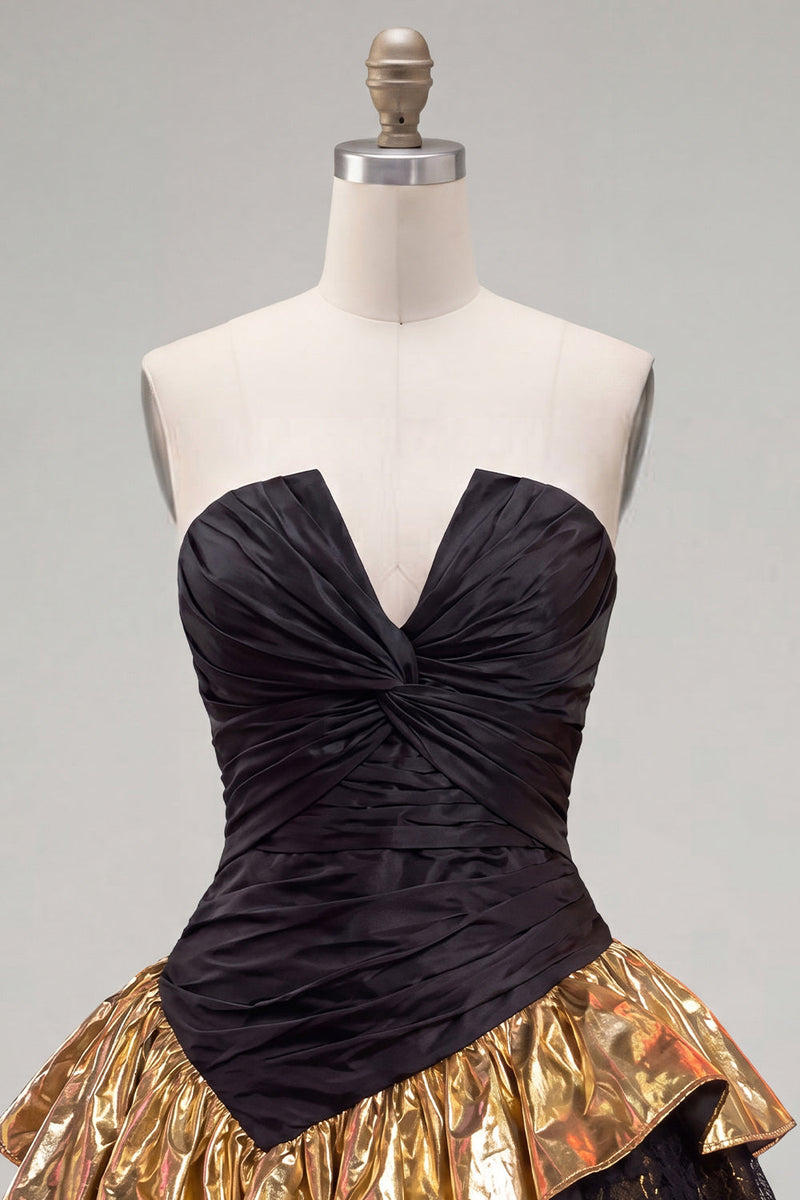 Load image into Gallery viewer, Black Golden Ruffled A Line Short 80s Cocktail Dress with Lace