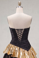 Load image into Gallery viewer, Black Golden Ruffled A Line Short 80s Cocktail Dress with Lace
