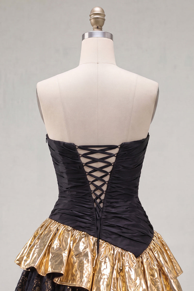 Load image into Gallery viewer, Black Golden Ruffled A Line Short 80s Cocktail Dress with Lace