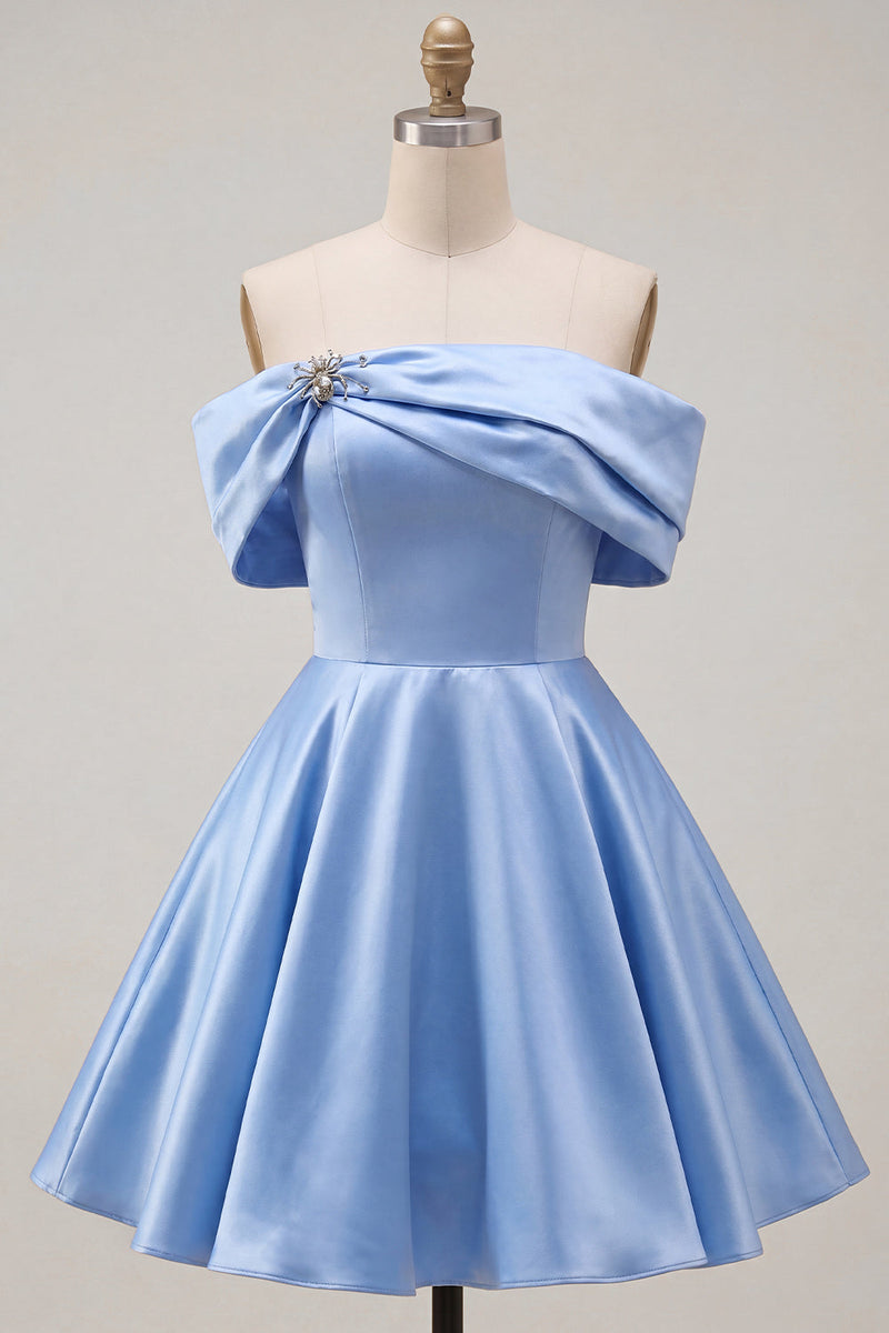 Load image into Gallery viewer, Pink Satin Off The Shoulder A-Line Short 80s Cocktail Dress
