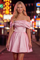 Load image into Gallery viewer, Pink Satin Off The Shoulder A-Line Short 80s Cocktail Dress
