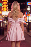 Load image into Gallery viewer, Pink Satin Off The Shoulder A-Line Short 80s Cocktail Dress
